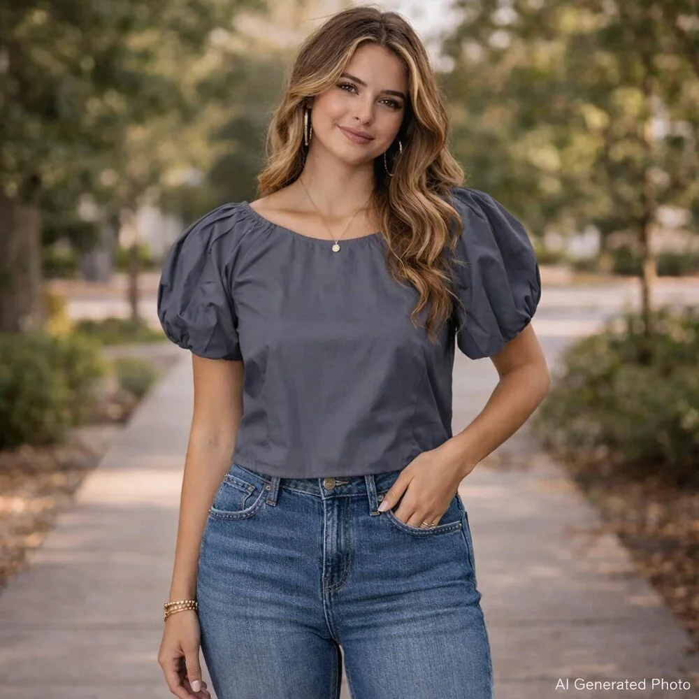 J.Crew Navy Puff Sleeve Crop Top Size 0 Fitted Peasant Romantic Coquette NWT